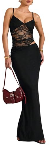 SweatyRocks Damen Ärmelloses Kleid Elegant Spitzenkleid Spaghettiträger Maxikleid mit Asymmetrischem Ausschnitt Bodycon Partykleid mit Cut Outs Schwarz M