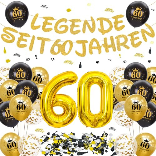Tasoraor Deko 60 Geburtstag Mann Frau - 60. Geburtstagsdeko Girlande Schwarz Gold Luftballons und Konfetti, XXL Zahlenballon zum 60 Jahre Geburtstagsparty Dekoration