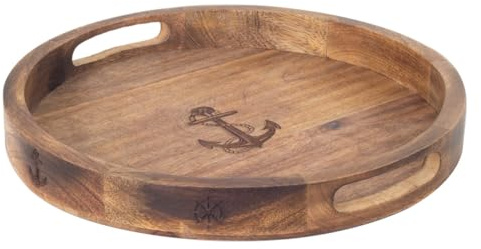 Vassoio rotondo in legno, 30 cm, decorazione nautica con ancora e barra timone, stile marino