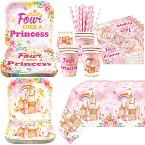 Decoraciones de cumpleaños de Four Ever a Princess, incluyendo platos, tazas, servilletas, mantel, popotes, para suministros de 4º cumpleaños para niña, sirve 20