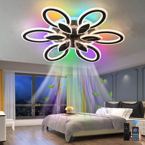 lnrosy Moderna RGB Ventilatore da Soffitto con Luce con Telecomando e App,Lampadario Ventilatore Fiore con 6 Velocità e Reversibile,82w Silenziosa Dimmerabile Pale da Soffitto Per Camera,Nero