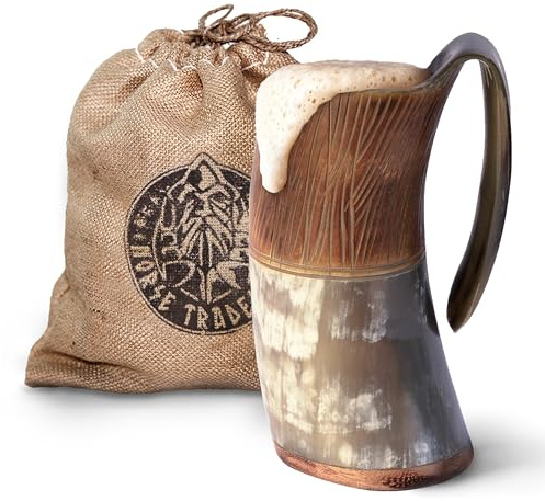 Norse Tradesman Genuine Viking Drinking Horn Mug - 500 ml Flame Treated Viking Beer Tankard with Super-Reinforced Hardwood Bottom | The Jarl, Large