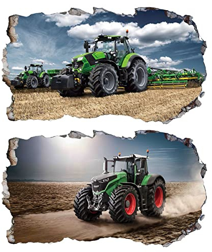 2Pcs Wandtattoo Traktor Trecker 3D Effekt XXL Farm Feld Landwirtschaft Wandaufkleber Fenster Selbstklebend für Junge Kinderzimmer Groß 1000mmx600mm v06