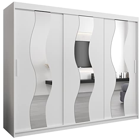 MEBLE KRYSPOL Sewilla 250 Schlafzimmerschrank mit DREI Schiebetüren, Spiegel, Kleiderstange und Regalen – 250x200x62cm - Mattweiß