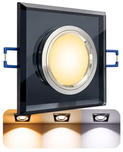 SSC-LUXon ALINA Glas Einbaustrahler eckig schwarz GU10 5W 3 Lichtfarben | Schwarze Glas-Deckenleuchte eckig spiegelnd für Wohnzimmer & Flur - inkl. Leuchtmittel mit 3 Lichtfarben, Lochmaß Ø60-70mm