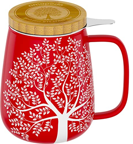 amapodo Tazza da tè con coperchio e colino - Tazza da tè in porcellana grande 600ml - Tazza Jumbo - Set di tazze XXL Rosso - senza plastica