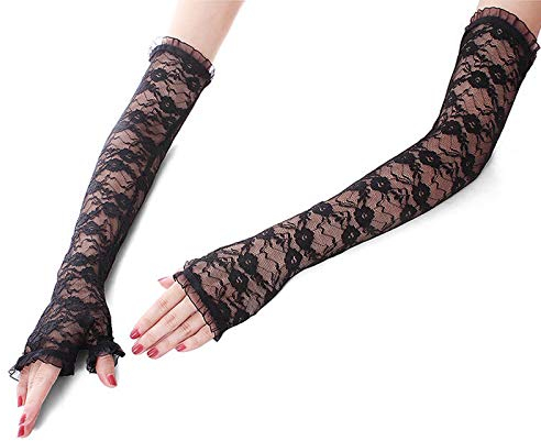 SUNTRADE Fingerlose Handschuhe für Damen, lang, Spitze, für Halloween, Motto-Party, Vintage, Opern, Hochzeit, flexibel (schwarz)