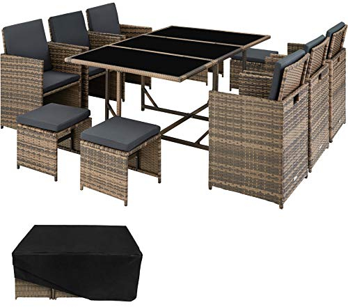 tectake® Outdoor Balkon Gartenmöbel Set, Lounge mit 6 Stühlen, 4 Hocker und 1 Tisch, Poly Rattan Geflecht, wetterfest, platzsparend - Natur