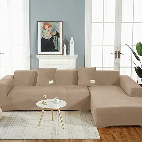 OKJK Samt Sofaüberwurf Stretch All-Inclusive Couchbezug Eckcouch, Wohnzimmer Vier Jahreszeiten universeller l Form Sofabezug, Pflegeleichter Sofaschutz (Camel,Part A-A 235-300cm)