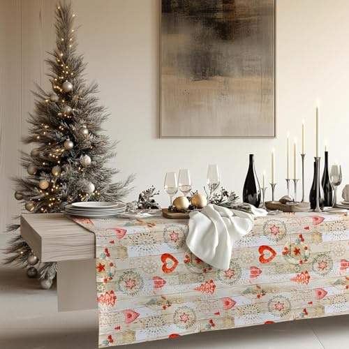 KP HOME Wachstuchtischdecke Weihnachten Holzdesign Wasserabweisende Wachstuch PVC Tischdecken 300x140 cm Wachstischdecke Vinyl Tischdecke Outdoor Tischdecke Abwaschbar Wachstuchtischdecke Beige Creme