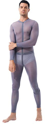 JEATHA Herren Overall Langarm Body Männerbody Einteiler Jumpsuit Bodysuit Unterhemd mit Reißverschluss Ganzkörperanzug im Schritt Unterwäsche Sportbody Reizwäsche Grau L