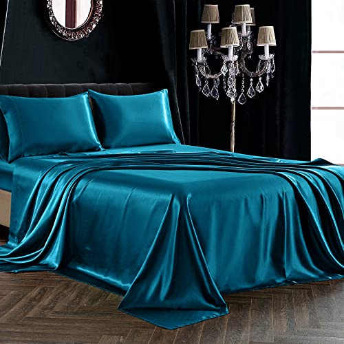 SiinvdaBZX Set di 4 lenzuola in raso per letto matrimoniale, ultra morbide come la seta, color foglia di tè, con tasca profonda, 1 lenzuolo con angoli, 1 lenzuolo piatto, 2 federe con chiusura a busta