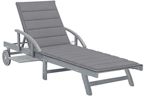 Makastle Gartenliege mit Auflage und Rollen, Sonnenliege mit Verstellbarer Rückenlehne und ausziehbarer Ablage, Klappbar Holzliege für Garten und Terasse, 200 x 68 x 30/86 cm Akazie Massivholz