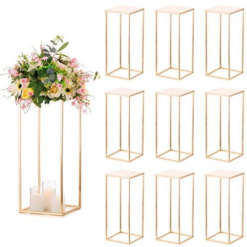 Sziqiqi Wedding Centerpieces Vase for Tables with Plates - 10 Pcs Metal Column Geometric Flower Stand 23.6in Gold Flower Display Rack Decorations for T-Stage Reception Party Fiesta Event Home