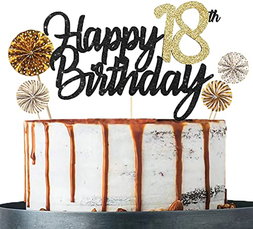 Tortendeko 18 Schwarzes Gold set Doppelseitiges Glitzerpapier Happy Birthday Cake Topper für Geburtstag Deko 18