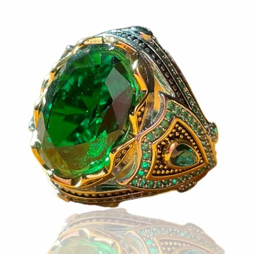 TASHILONG Smaragdstein Herren Silberring 925 Silber Smaragd Edelstein Ring Handgefertigte Gravur Türkischer Silberring mit Smaragd Stein, 12, Glas, Grün