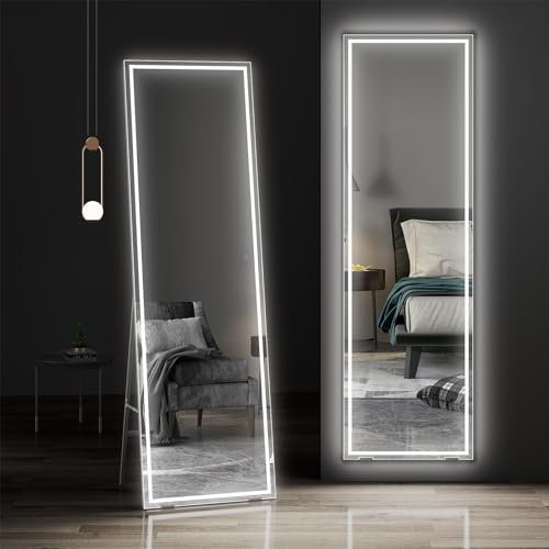 Dripex Ganzkörperspiegel mit Beleuchtung LED Wandspiegel 3 Lichtfarbe einstellbar dimmbar Standspiegel mit Touch-Schalter Groß 160 x 40 cm