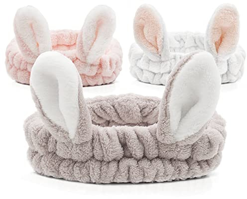 JOYOYO 3 Pcs Spa Headbands Bunny Ears Hair Bands Makeup Headbands Coral Fleece Elastic Headband Bath Shower Head Wraps for Women Girls, Washing Face Shower Sports Beauty Skincare