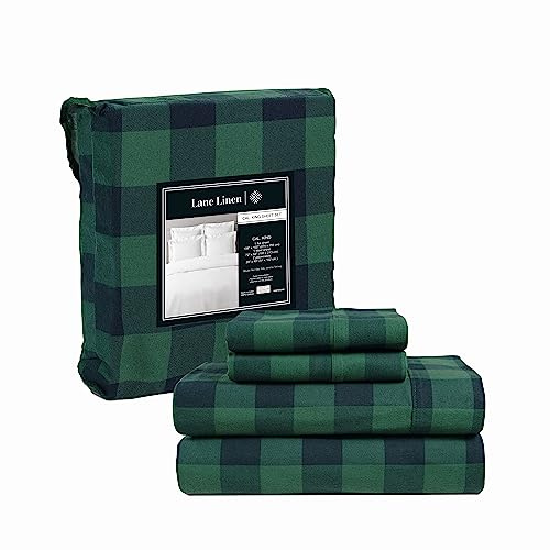 LANE LINEN Cotton Flannel Sheets Set Cal King Size - Brushed for Extra Softness - Cotton Flannel Cal King Size Sheets Set - Warm & Cozy Cotton Sheets with 15 Deep Pocket - Buffalo Checks Green