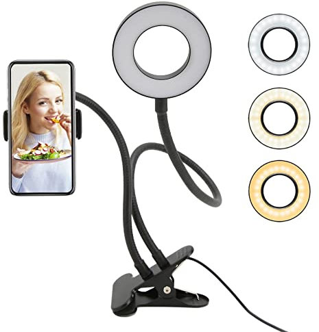 BEIJIALY Selfie Ring Light, 10 Levels Brightness 3 Light Colors 360° Flexible Gooseneck LED Desk Lamp 5000K LED Camera Ring Light for Salon Make Up(Black)