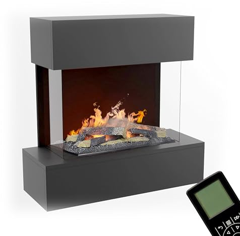 GLOW FIRE Wasserdampf Kamin HÖLDERLIN (Wandkamin) - Elektrokamin für die Wand mit realistischen LED 3D-Flammen, Knistereffekt & Fernbedienung, 80x78x37 cm, Opti-Myst 600 mit Holz-Deko, Grau