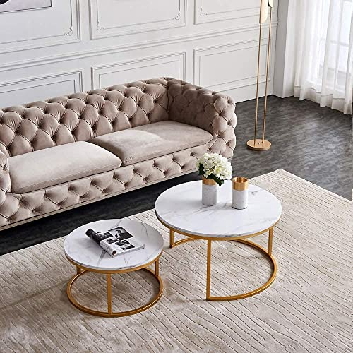 Table Basse de Salon Moderne Ensemble de 2 Tables Basses gigognes Modernes, Table Basse Ronde avec Plateau en Bois Imitation marbre et Cadre en métal doré pour Salon, Bureau, Balcon,A