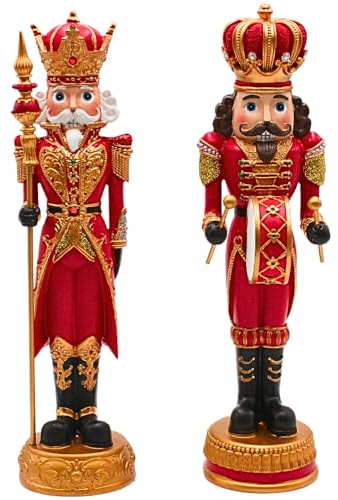 Dekohelden24 Keramik Nussknackerfiguren König und Trommler in rotem Gewand mit Krone als 2er Set, Größe je Nussknacker L/B/H ca. 9,5 x 9,5 x 35 cm
