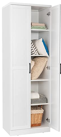 GIANTEX Meuble de Rangement à 5 Niveaux, Armoire de Stockage Haute avec 2 Portes, 2 Étagères Réglables, Base Surélevée, Charnières, Buffet Vaisselier Placard Moderne pour Salon Cuisine Chambre (Blanc)
