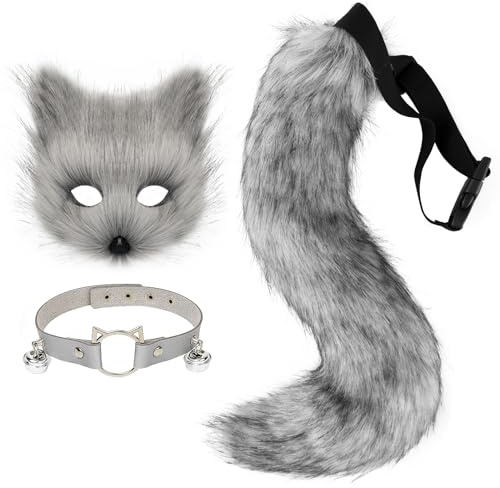 hbbhml Pelzige Katze Fuchs Maske Wolf Schwanz Karneval Halloween Party Kostüm Leder Hals Choker Zubehör Set für Erwachsene