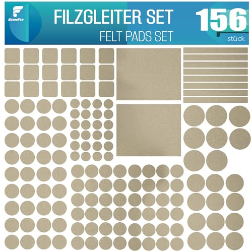 shinfly Felt Furniture Pads, 156 pcs, Self-Adhesive Floor Protector, Beige | 3mm Thickness, Self-adhesive, Round & Square, Wood Floor Scratch Protection, Noise Reduction, for Chair Leg, Furniture Feet