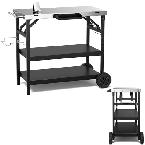 GYMAX 3-Ebenen Grilltisch klappbar, Servierwagen für die Zubereitung von Speisen, BBQ Werktisch mit Gewürzregal, Handtuchhalter & Taschenhalter, tragbarer Arbeitsplatz für Zuhause & draußen