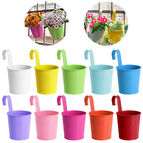 Fippy 10PCS Metal Hanging Flower Pots for Railing Fence, 10cm Metal Iron Hanging Plant Pots, Metal Over Fence Hanging Planters for Balcony Fence Garden Decor