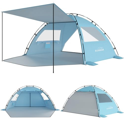 Elegear CumbreX™ Beach Tent Sun Shelter with Canopy, 4-5 Person Pop Up Beach Tent, Easy Setup UPF 50+ UV Protection Portable Lightweight Double Silver Coating Beach Cabana Sun Shade Shelter - Sky Blue
