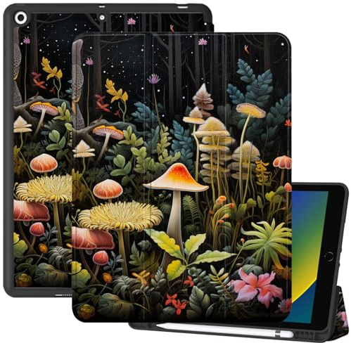Deokke ipad hülle für 9/8/7 Generation 10,2 Zoll (2021/2020/2019), Schlaf/Wake Cover, TPU Rückseite mit Stifthalter,niedlich Design für Mädchen (N12-Mushroom Floral)