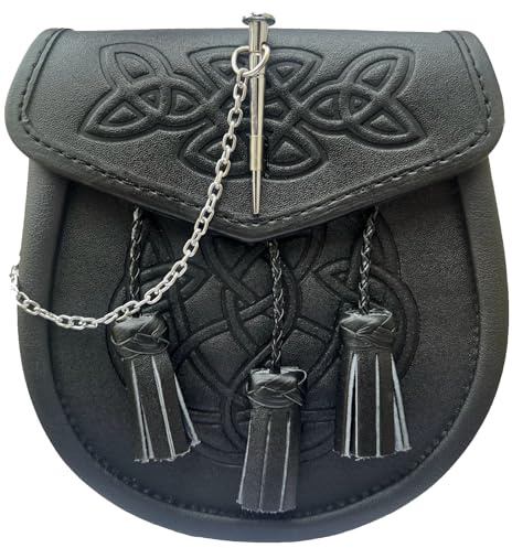 ROARMAX skotsk sporran väska svart präglad sporran med spärrstift läder sporran för kilts traditionella skotska väskor, Svart