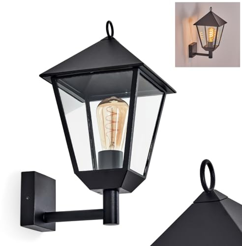 Außenwandleuchte Anfei, Wandlampe in antikem Look aus Metall/Glas in Schwarz/Klar, Wandleuchte E27-Fassung, Landhaus Außenleuchte für Terrasse, Veranda u. Hof, IP44, ohne Leuchtmittel