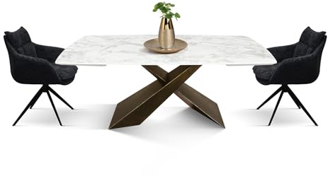 PAZZO DESIGN Adamo, ausziehbarer Tisch, weiße Keramikplatte, mattes Finish, Beine aus bronzefarbenem Metall, Küche, Wohnzimmer, 180 x 90 x 76 cm - id_2064