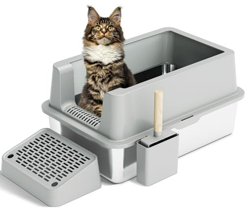 Citylife Katzenklo Edelstahl XXL, Katzentoilette Edelstahl XXL, Katzen klo für Große Katzen hochseitige, Rückstandsfrei, geruchsneutral, Mit Schaufel für katzenstreu, Grau 60.8x40.8x31cm