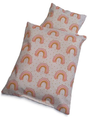 Puppenbettwäsche Regenbogen im Boho Look, Decke 32h x 26b, Kissen 13h x 21b