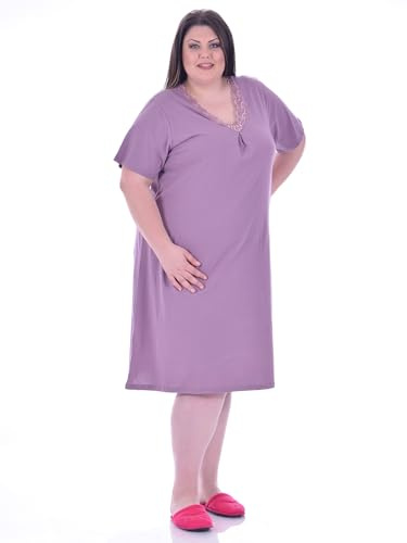 TIMILJA Camicia da notte da donna in cotone, Made in EU, 100% cotone, scollo con pizzo, viola, 2XL-6XL, scollo a V, maniche corte, taglie forti, 12072L, Lilla, 6XL