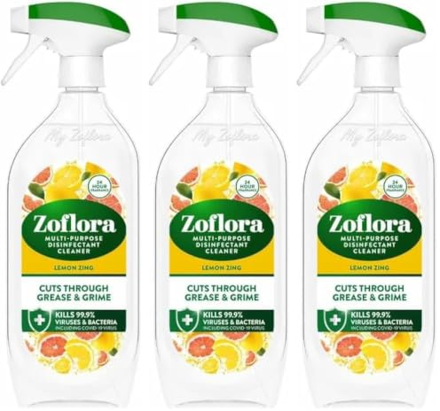 Zoflora Lemon Zing Multipurpose Disinfectant Spray, Antibacterial Multi-surface Cleaner, Pet-Friendly, Kills 99,9% of Bacteria & Viruses, 1 x 800ml (Pack of 3)
