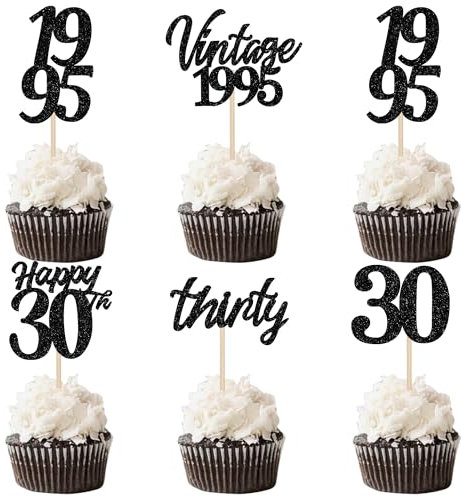 30 Pack Happy 30th Birthday Cupcake Toppers Cheers to 30 Vintage 1995 Cupcake Picks Hello 30 Thirty 30th Birthday Decorations for 30th Wedding Anniversary Birthday Party Cake Decorations Black