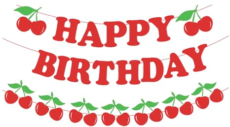 Cartel de feliz cumpleaños de cereza, letrero de papel con purpurina para decoración de fiesta de cumpleaños. Cartel de primer cumpleaños con temática de cerezas para bebé niña