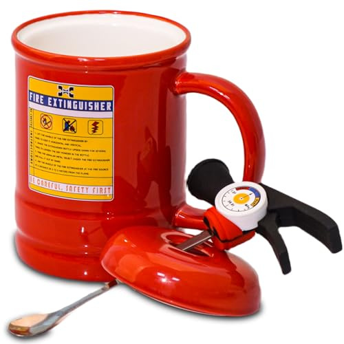 ZONSUSE Tasse a Cafe Extincteur,Mug Cafe Personnalisé,Tasse Personnalisable,Tasse avec Couvercle et Cuillère,Tasse à thé 3D,Cadeaux Originaux pour Hommes Femmes Papa Enfants Pompiers 480ml (B-Rouge)