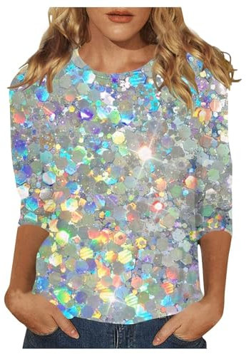 Party Outfit Damen, Glitzer Bedruckt Oberteile Damen 3/4 arm Pailletten Drucken Shirt Festlich Elegant Große Größen Blusen Silvester Outfit Rundhals Pullover Party Festliche Top