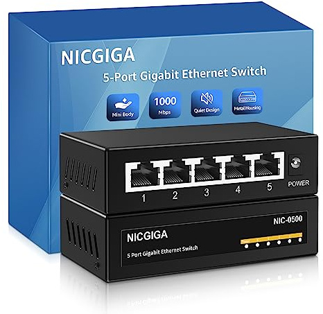 5 Port Gigabit Ethernet Switch Unmanaged,NICGIGA Netzwerk-Ethernet-Splitter, Tisch- oder Wandmontage, lüfterlos, Plug and Play, Metallgehäuse, Mini Body
