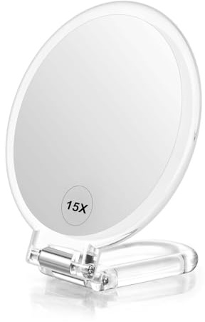LFOYOU Magnifying Handheld Mirror Double Sided, 1X 15X Magnification Hand Mirror, Travel Folding Held Adjustable Rotation Pedestal Makeup Desk Vanity Mirror
