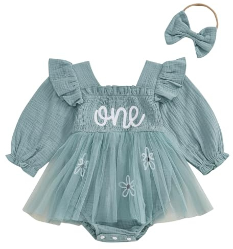 Geagodelia Infant Baby Girl 1st Birthday Romper Dress Letter Embroidery Bodysuit Jumpsuit A-Line Mesh Tulle Tutu Skirt Baptism First Birthday Princess Dress with Headband (Green, 12-18 Months)