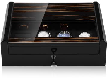MODALO IMPERIA Uhrenbox für 8 Uhren – Luxuriöse Uhren Aufbewahrungsbox aus Echtholz – Hochwertige Watch Case mit Sichtfenster – Edle Geschenkidee für Herren (Schwarzes Makassar)