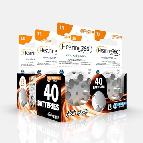 Hearing360 40 batterie per apparecchi acustici misura 13 qualità premium, durata extra, compatibili con tutti i modelli, senza mercurio (5 blister da 8 pile)
